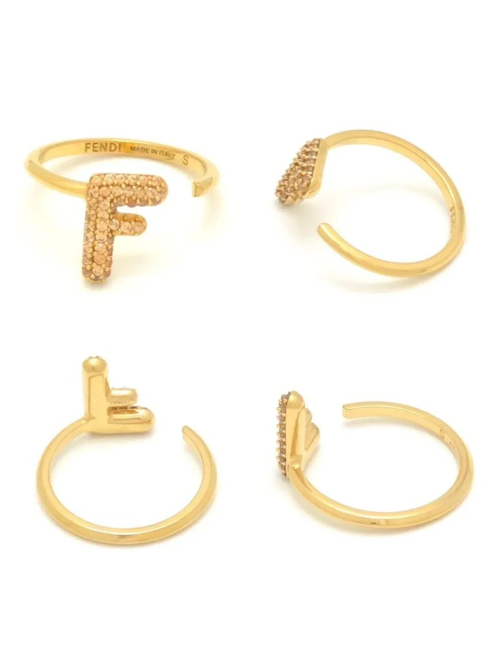 Fendi FF Logo Ring Set S Gold Silver Polished Metal Crystal